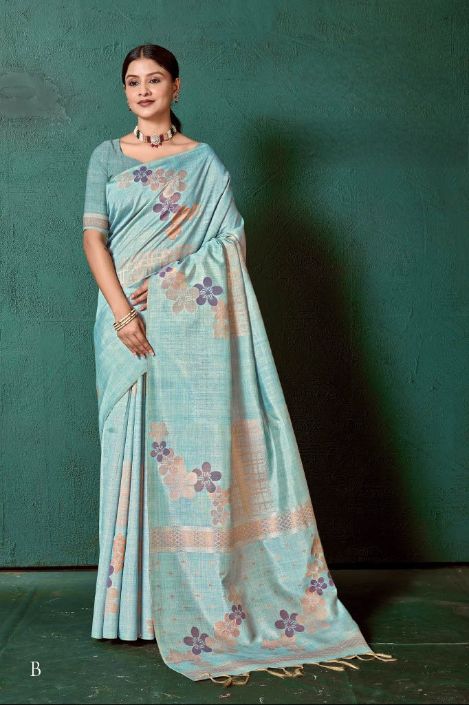Pure viscose silk saree in pastel turquoise shade with floral weaving .