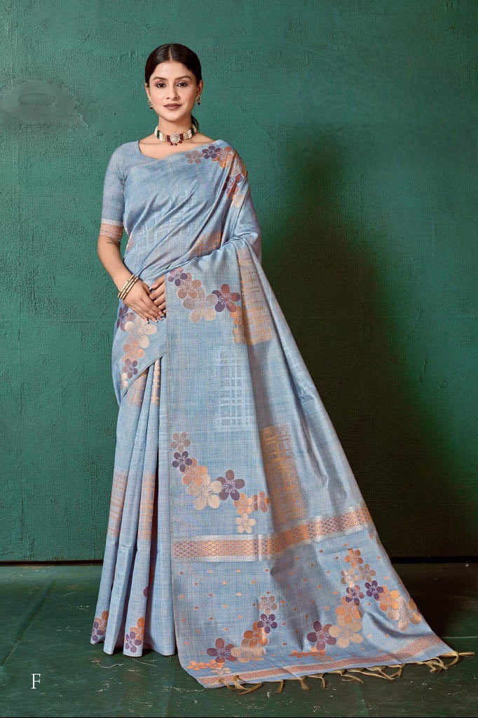 Pure viscose silk saree in serene pastel blue shade with floral weaving .