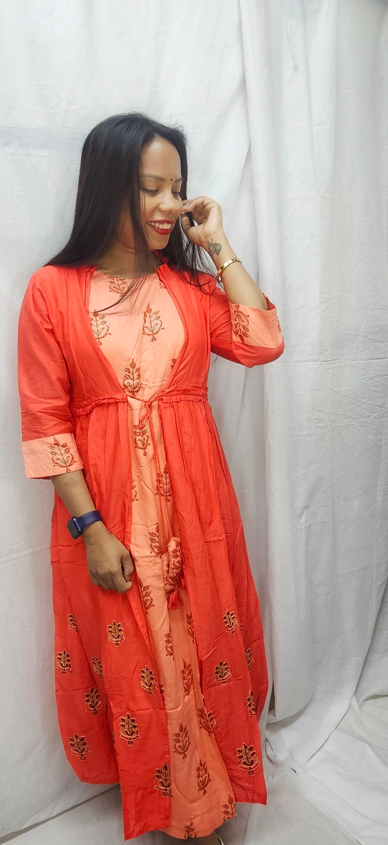 Cotton fabric dress with printed foliage motifs