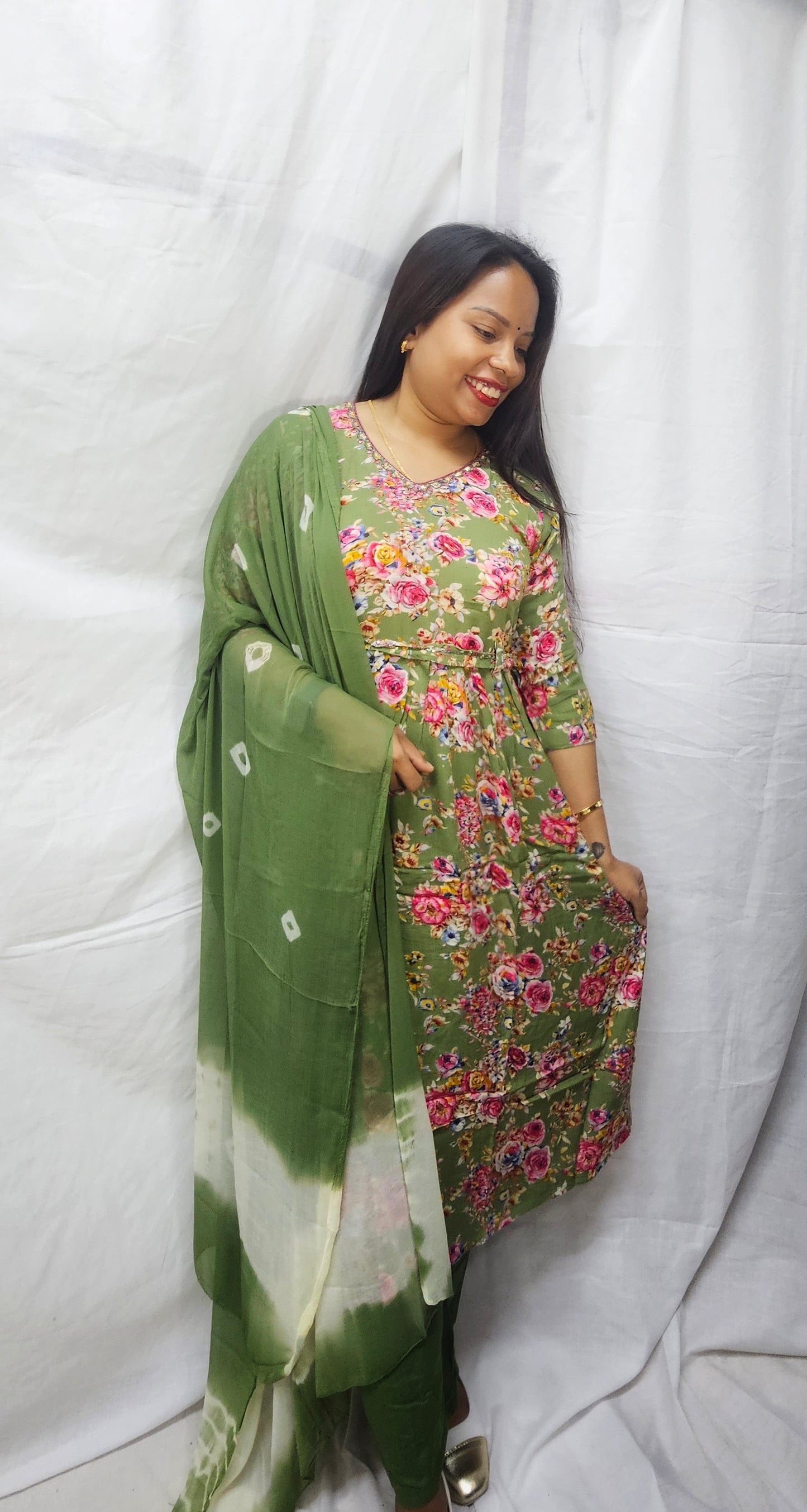 3 pc salwaar suit set in cotton rayon fabric in sage green color