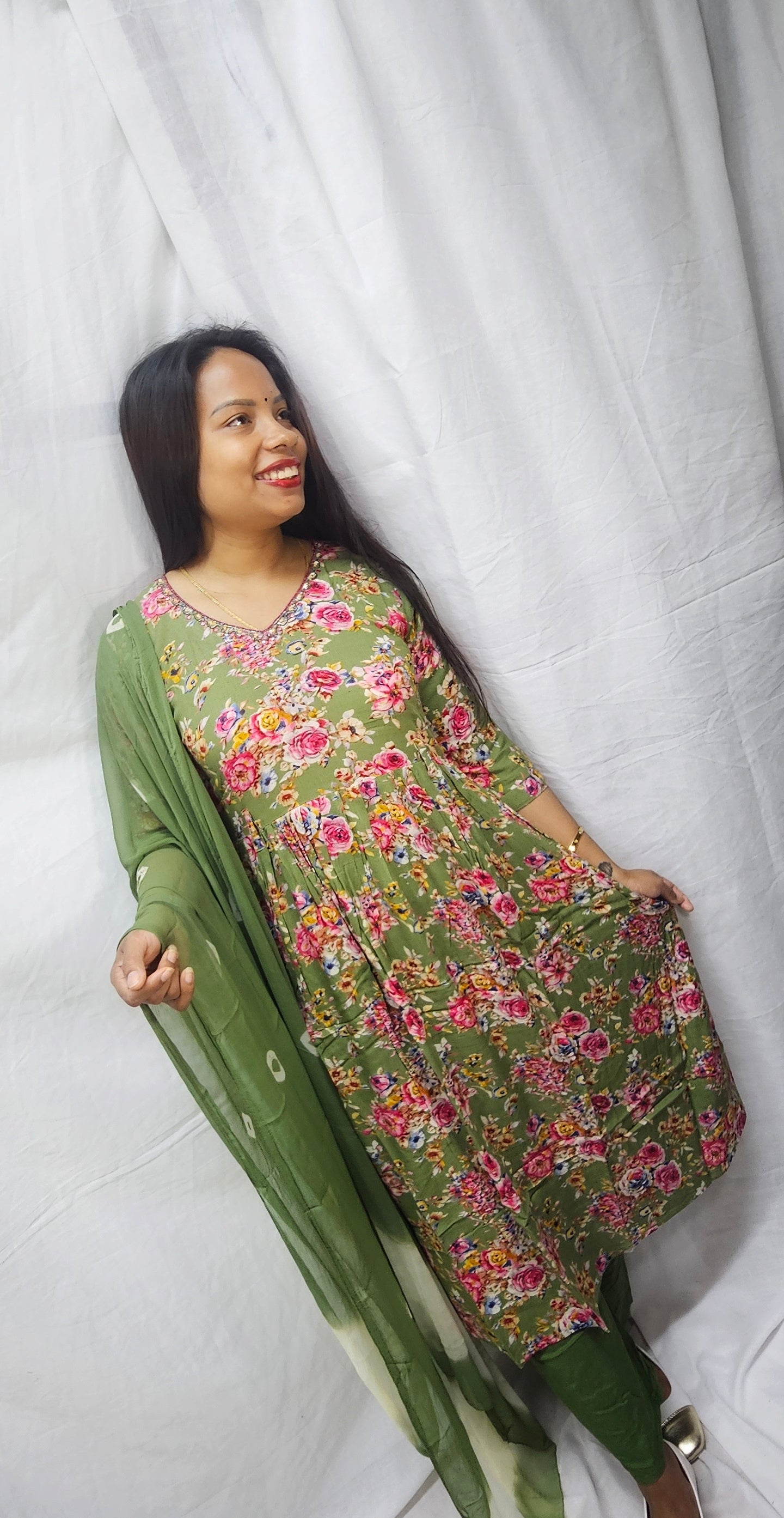 3 pc salwaar suit set in cotton rayon fabric in sage green color