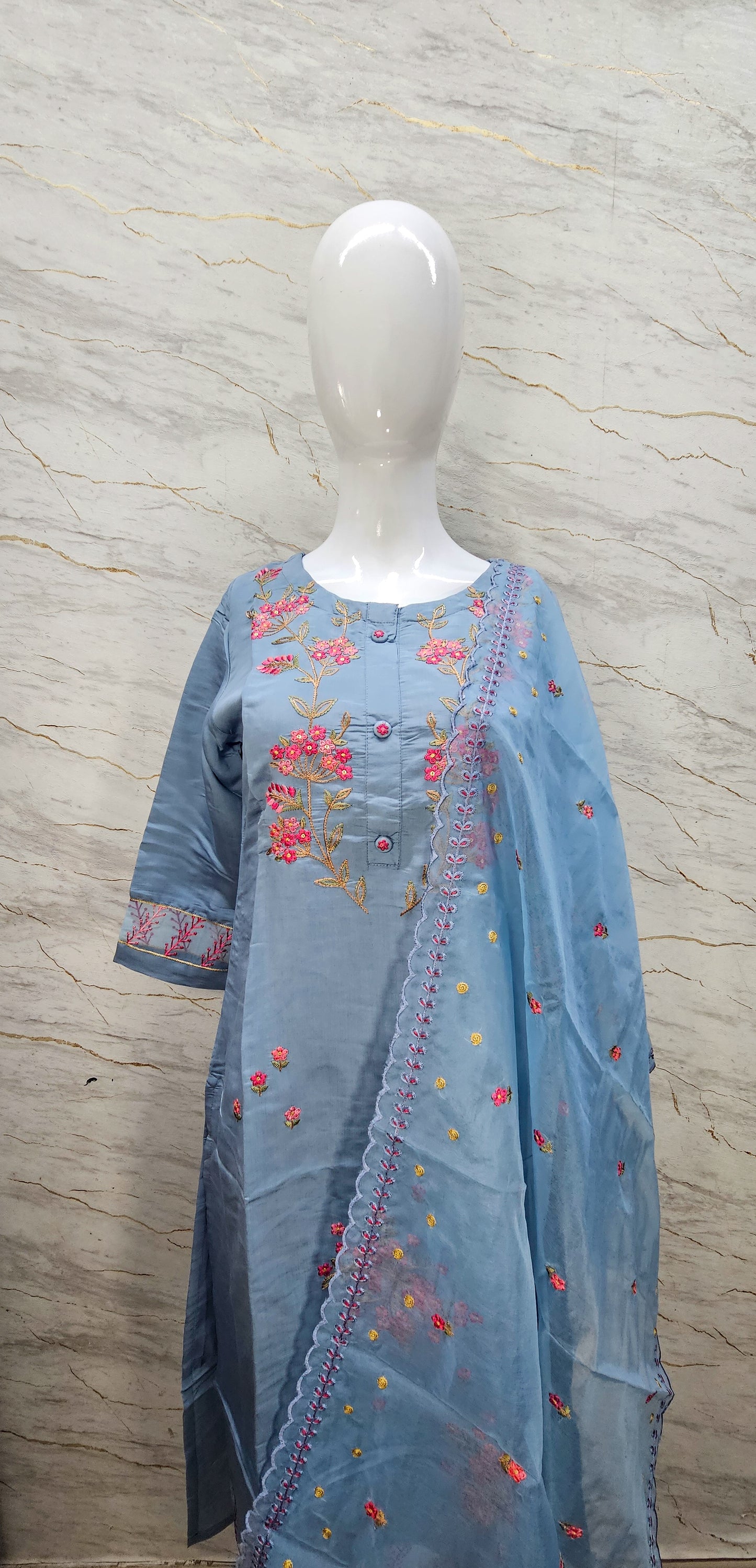 3 pc salwaar suit set in Roman silk fabric with a pastel blue shade