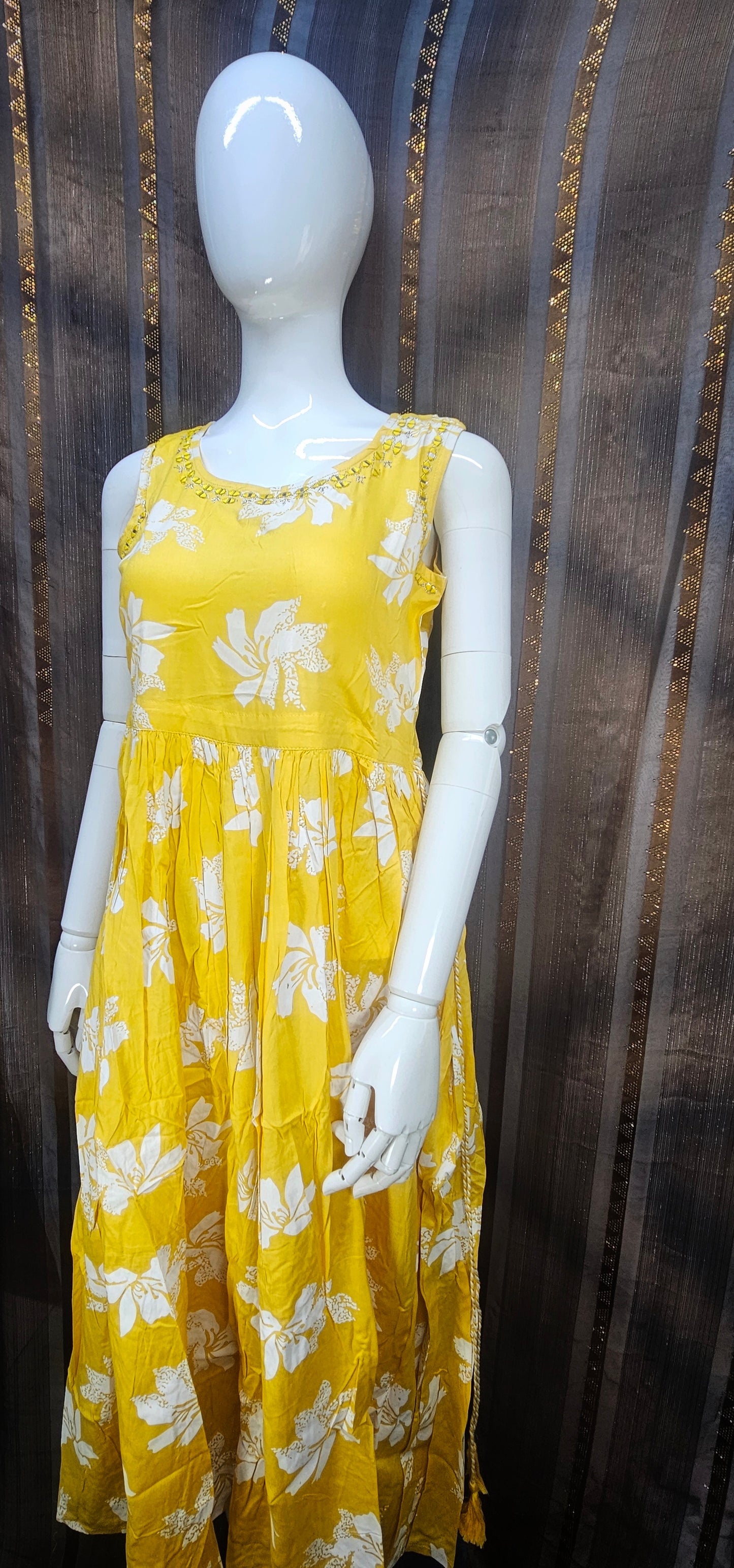 Beautiful Anarkali style dress in a mustard yellow shade