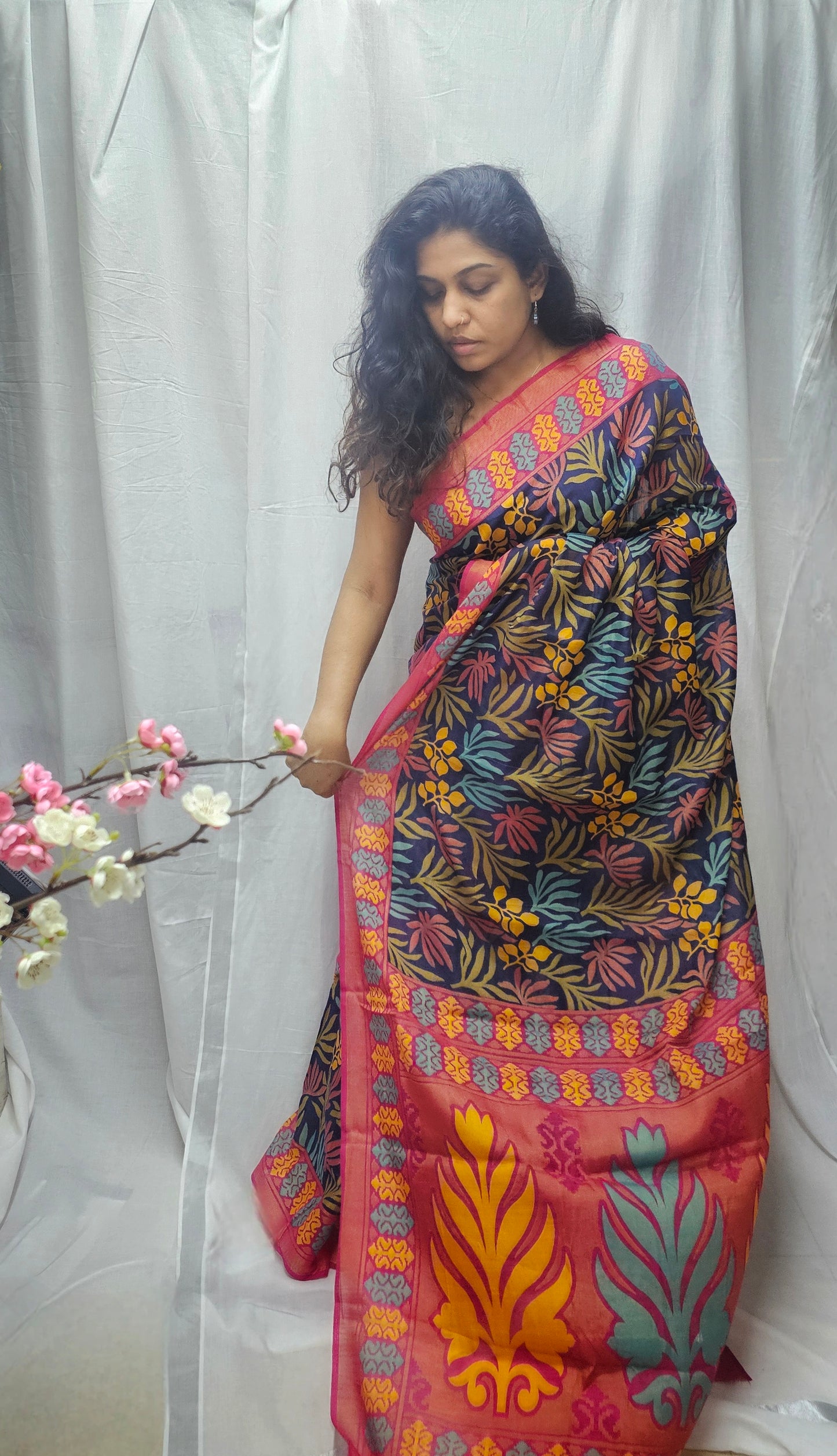 Beautiful Braaso Silk Saree In Vibrant Floral And Foliage Pattern.