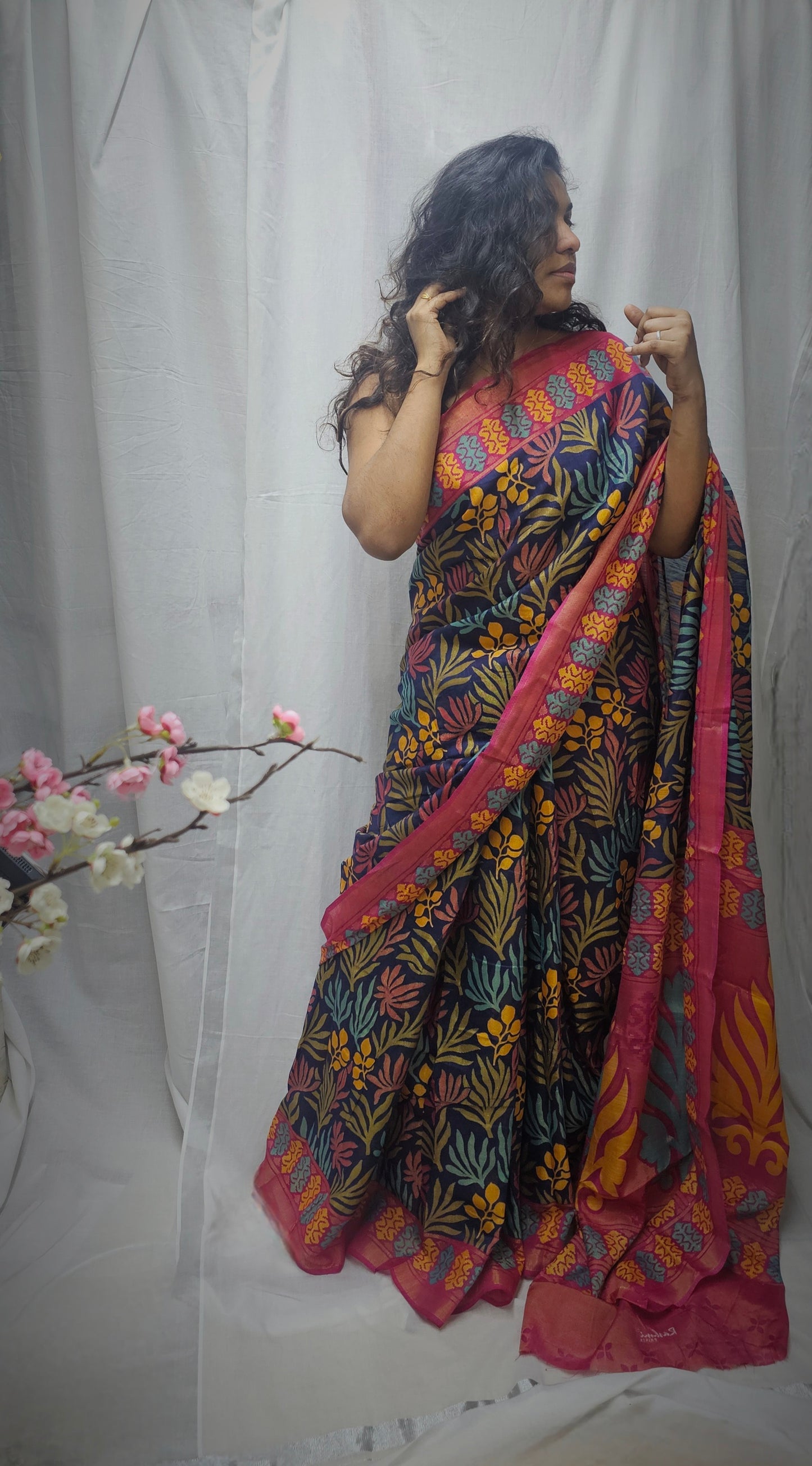 Beautiful Braaso Silk Saree In Vibrant Floral And Foliage Pattern.