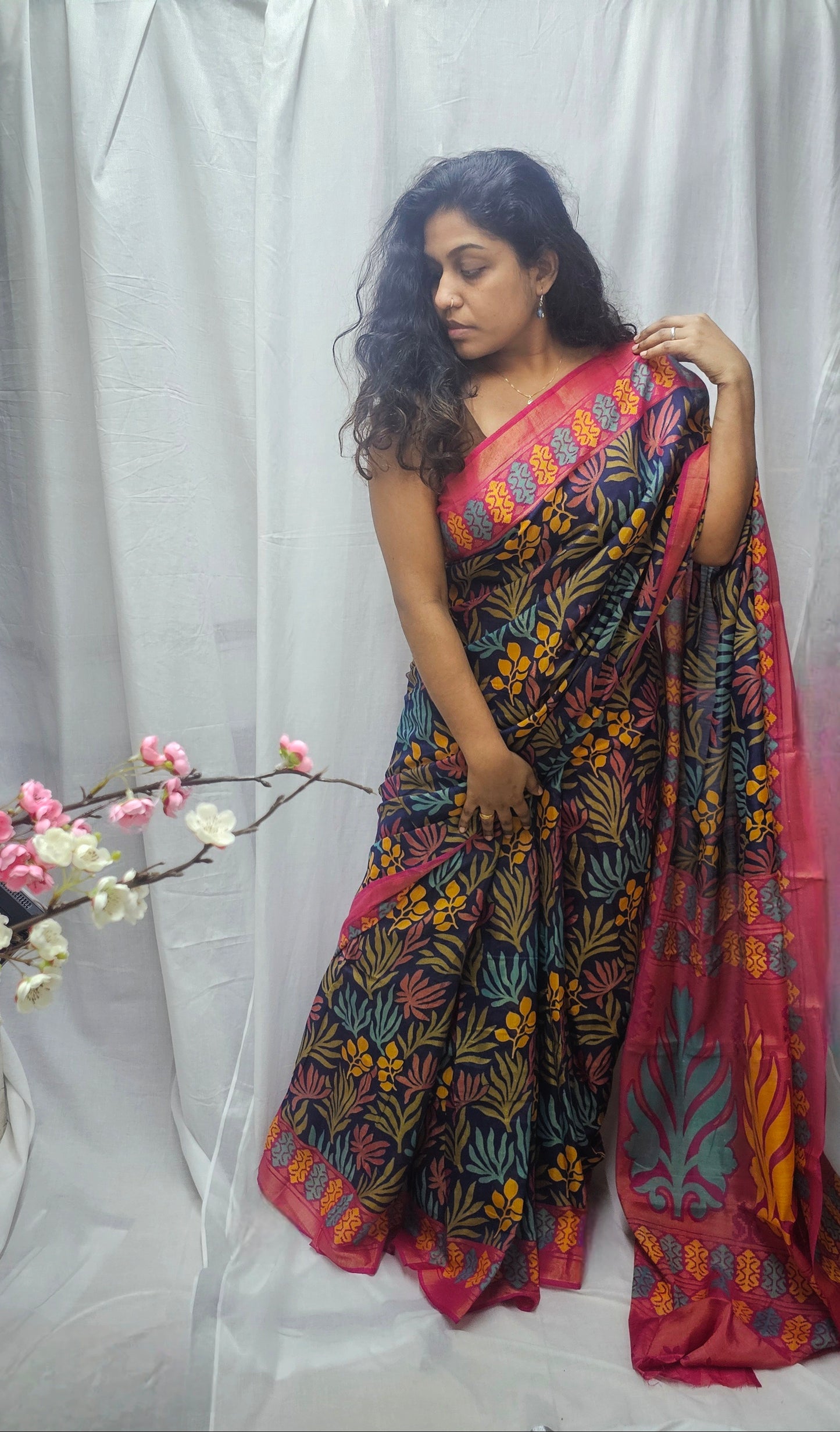 Beautiful Braaso Silk Saree In Vibrant Floral And Foliage Pattern.