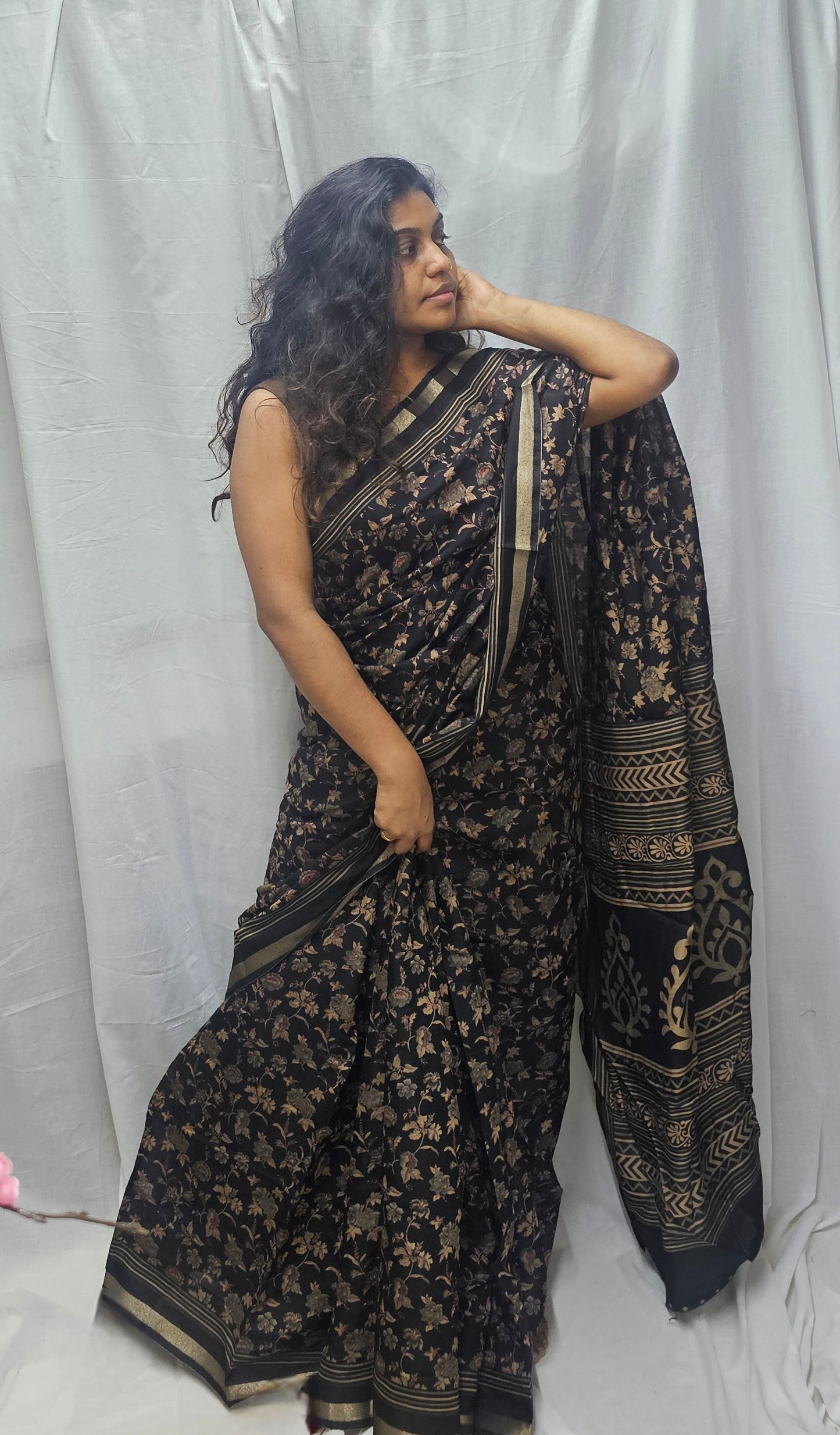 Semi Resham Silk Sarees In Ajrakh Inspired Pattern.
