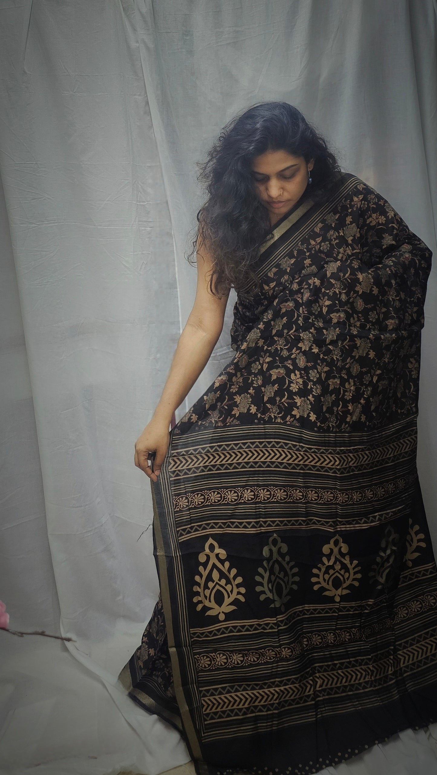 Semi Resham Silk Sarees In Ajrakh Inspired Pattern.