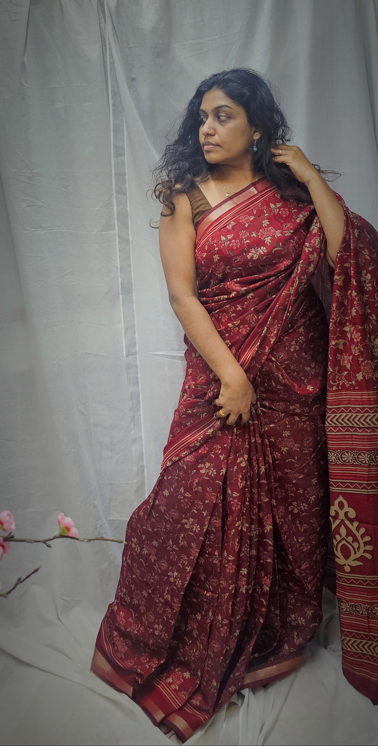 Semi Resham Silk Sarees In Ajrakh Inspired Pattern.