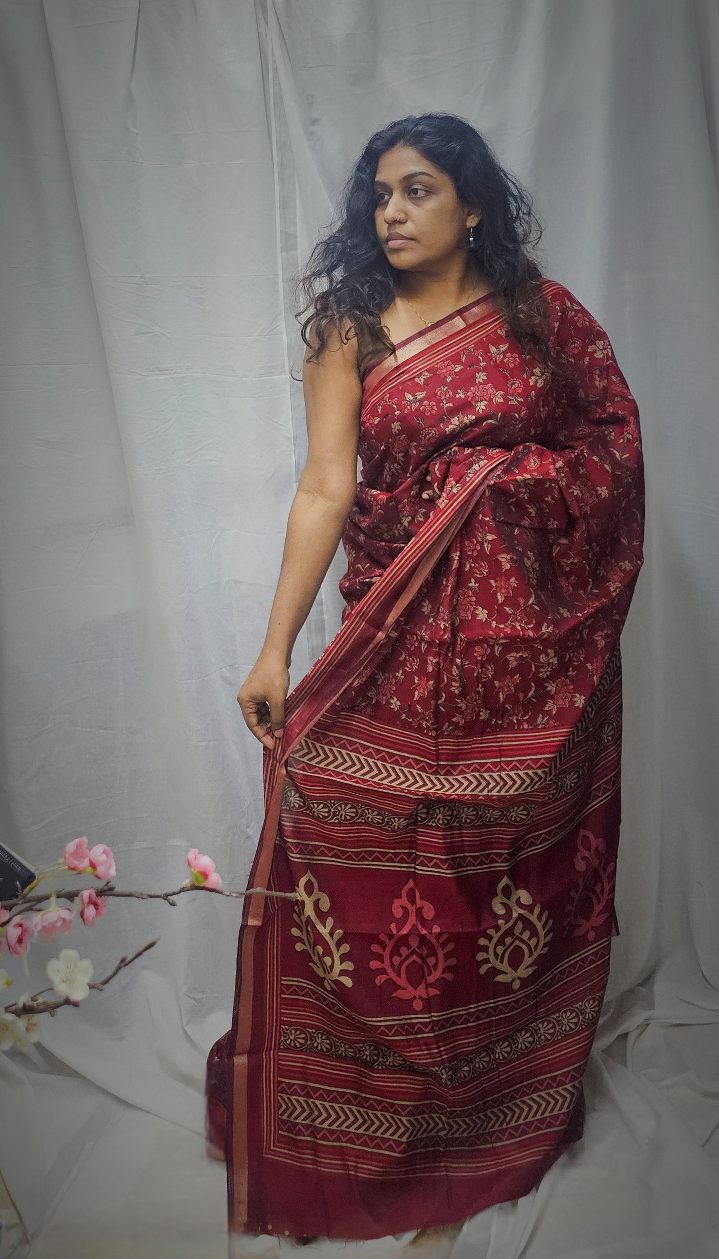 Semi Resham Silk Sarees In Ajrakh Inspired Pattern.