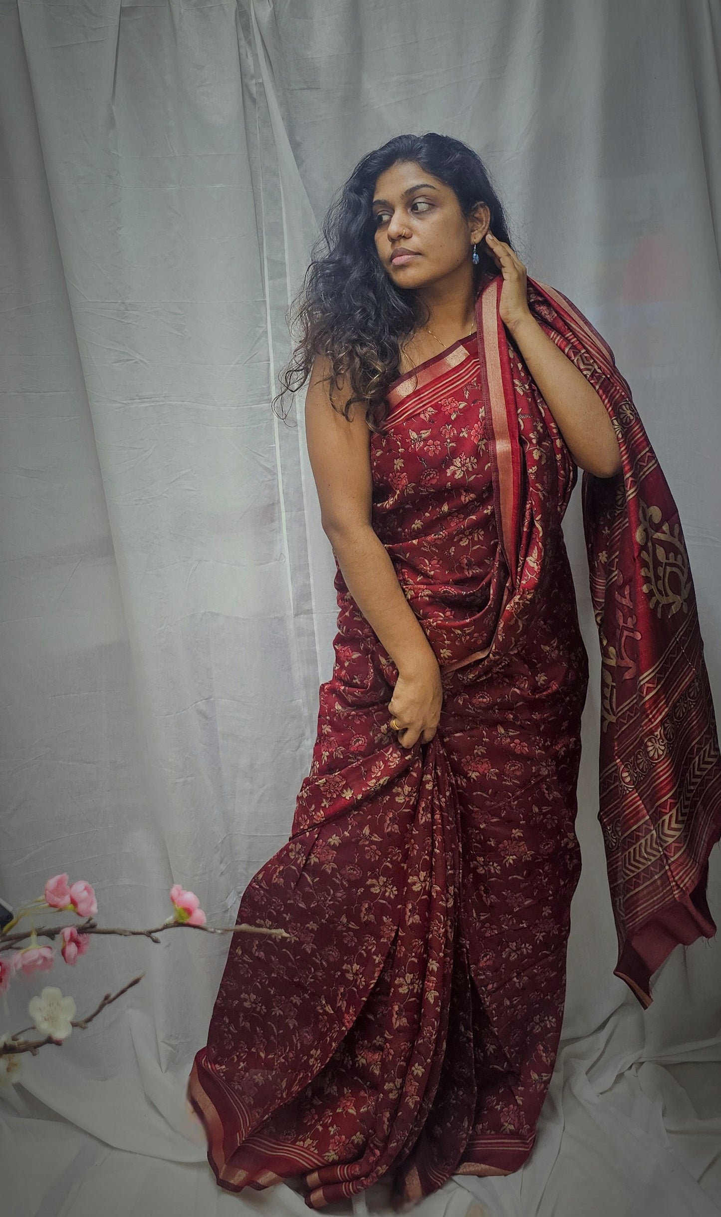 Semi Resham Silk Sarees In Ajrakh Inspired Pattern.