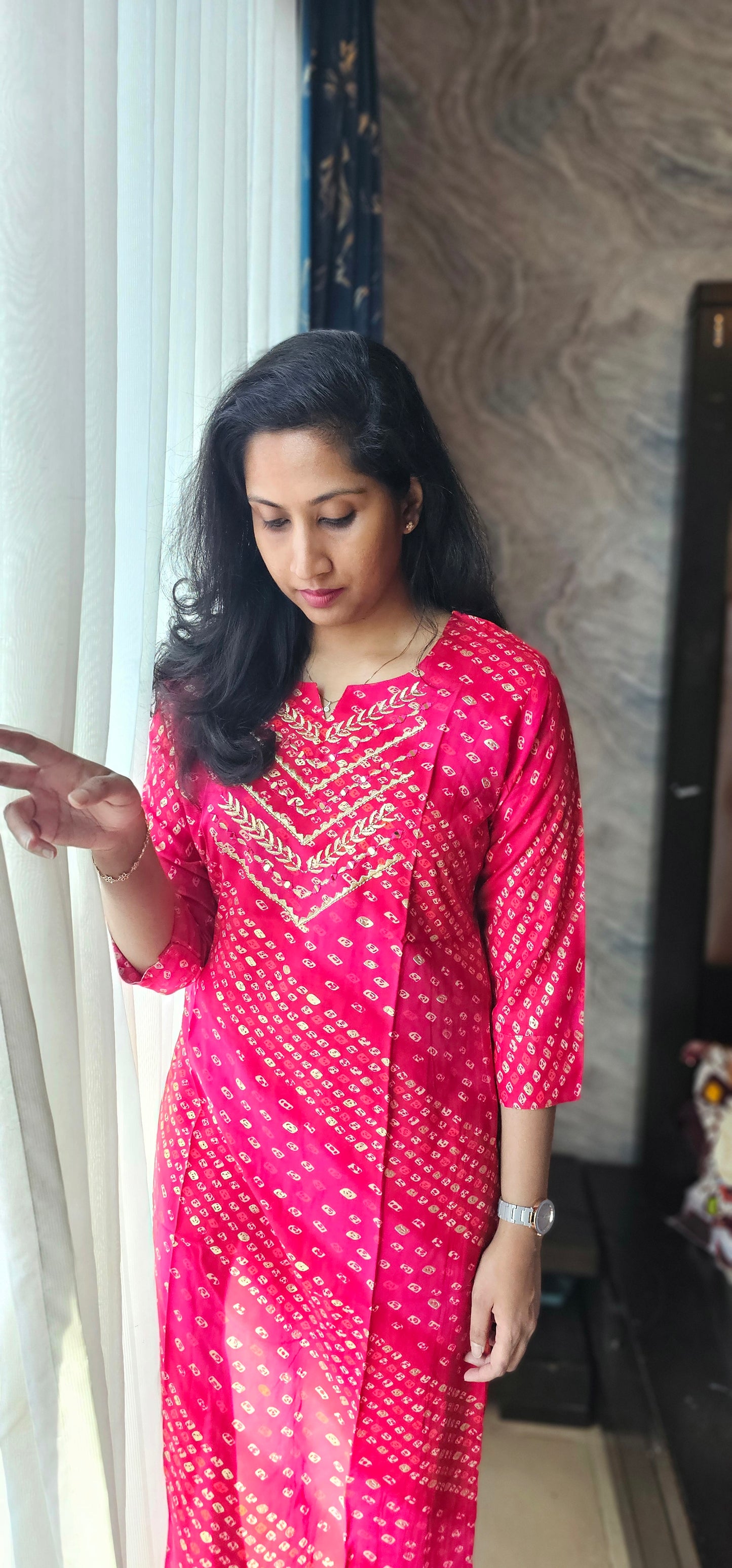 Cotton rayon fabric kurti with mirror work and zari embroidery