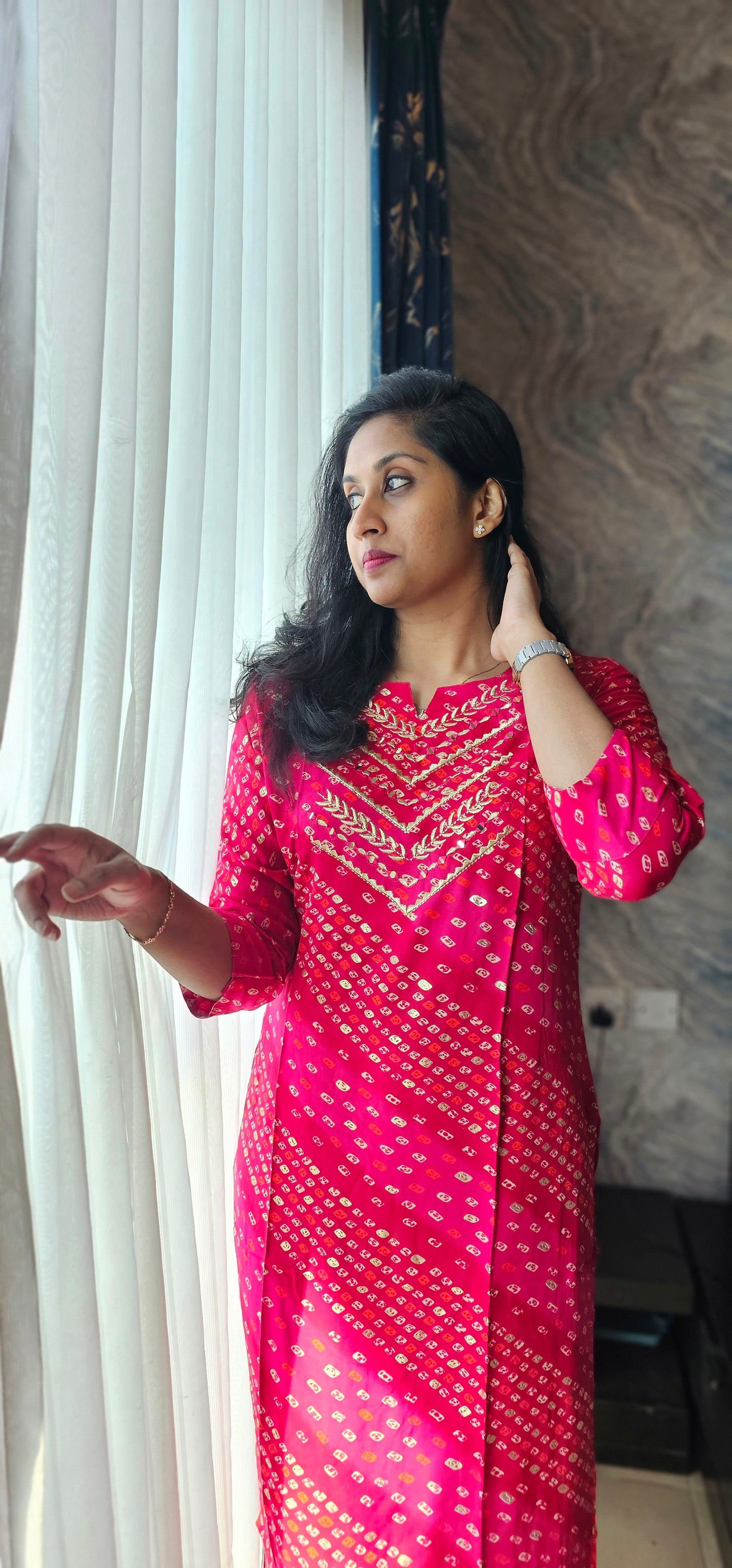 Cotton rayon fabric kurti with mirror work and zari embroidery