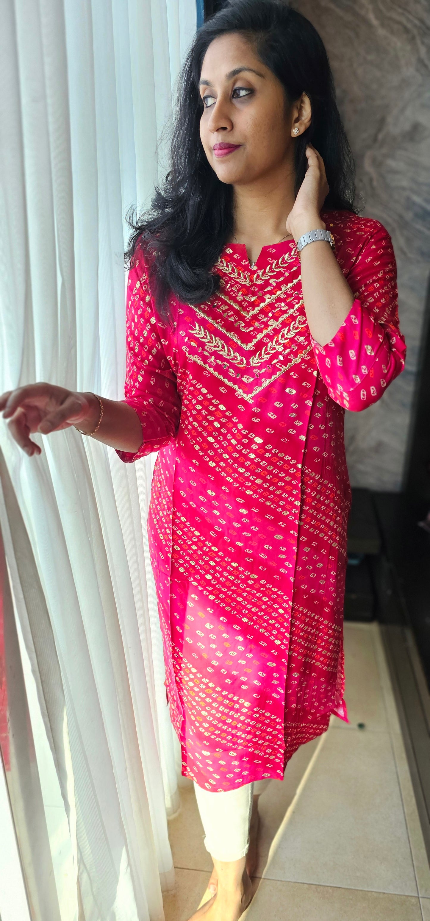 Cotton rayon fabric kurti with mirror work and zari embroidery