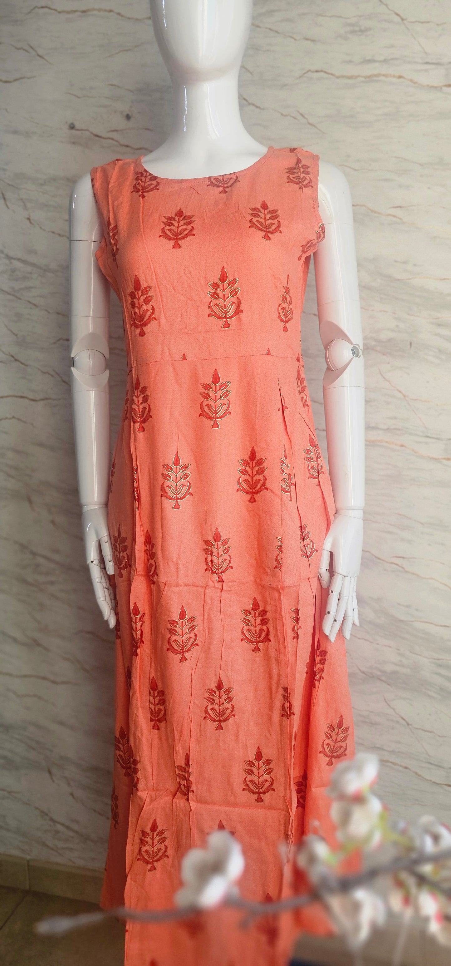 Cotton fabric dress with printed foliage motifs