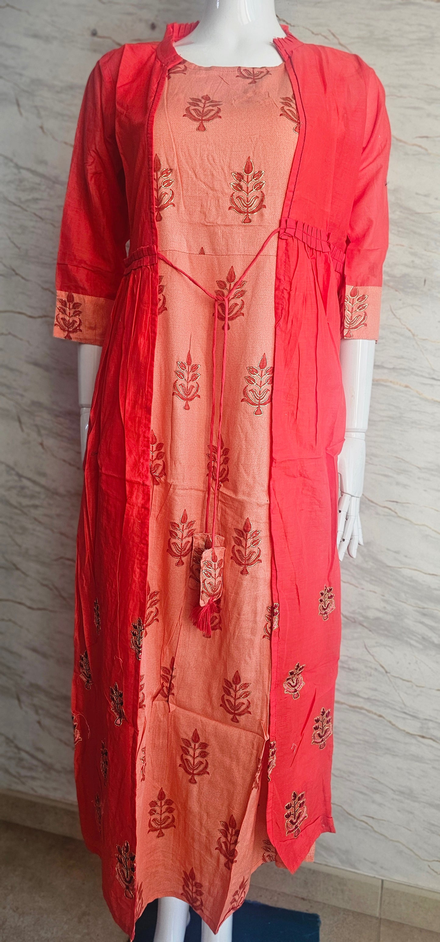 Cotton fabric dress with printed foliage motifs