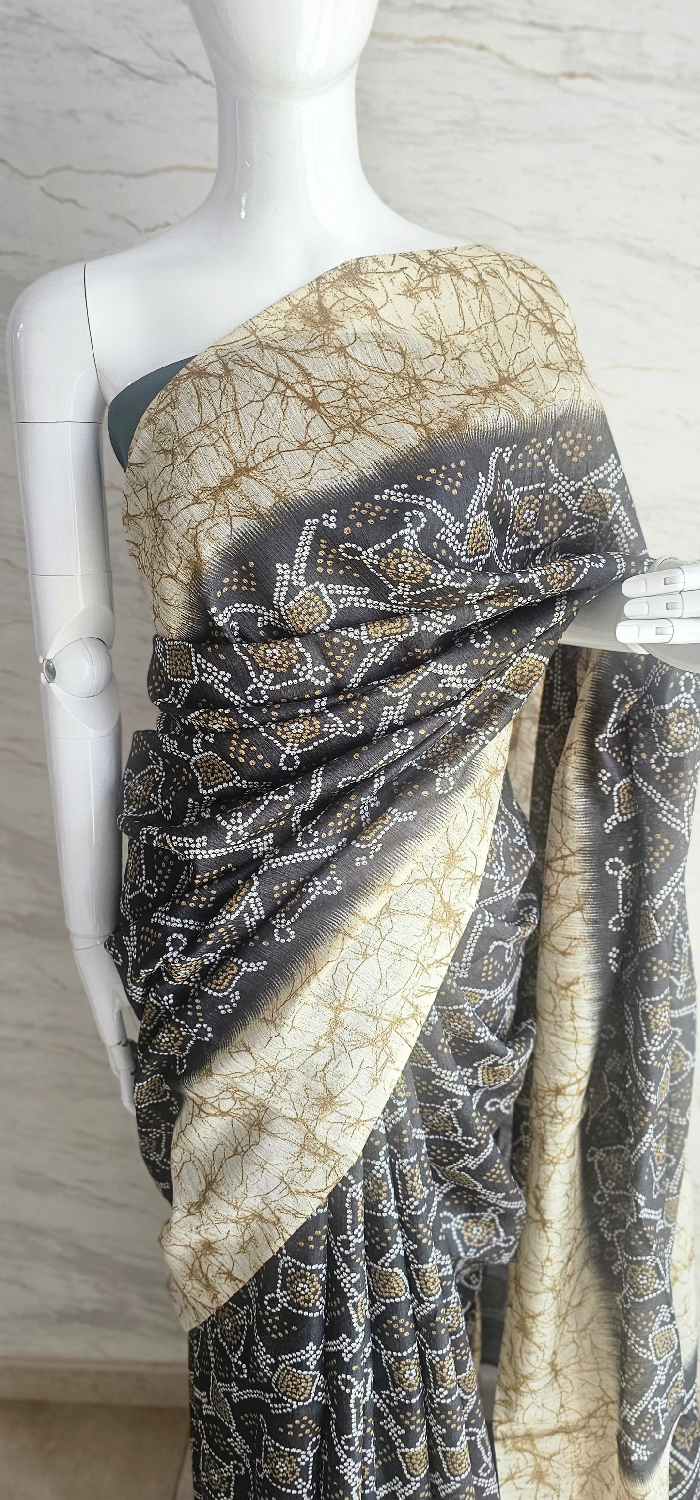 Breezy and beautiful Linen blend sarees with ikat motifs and marble dyestyle pattern .
