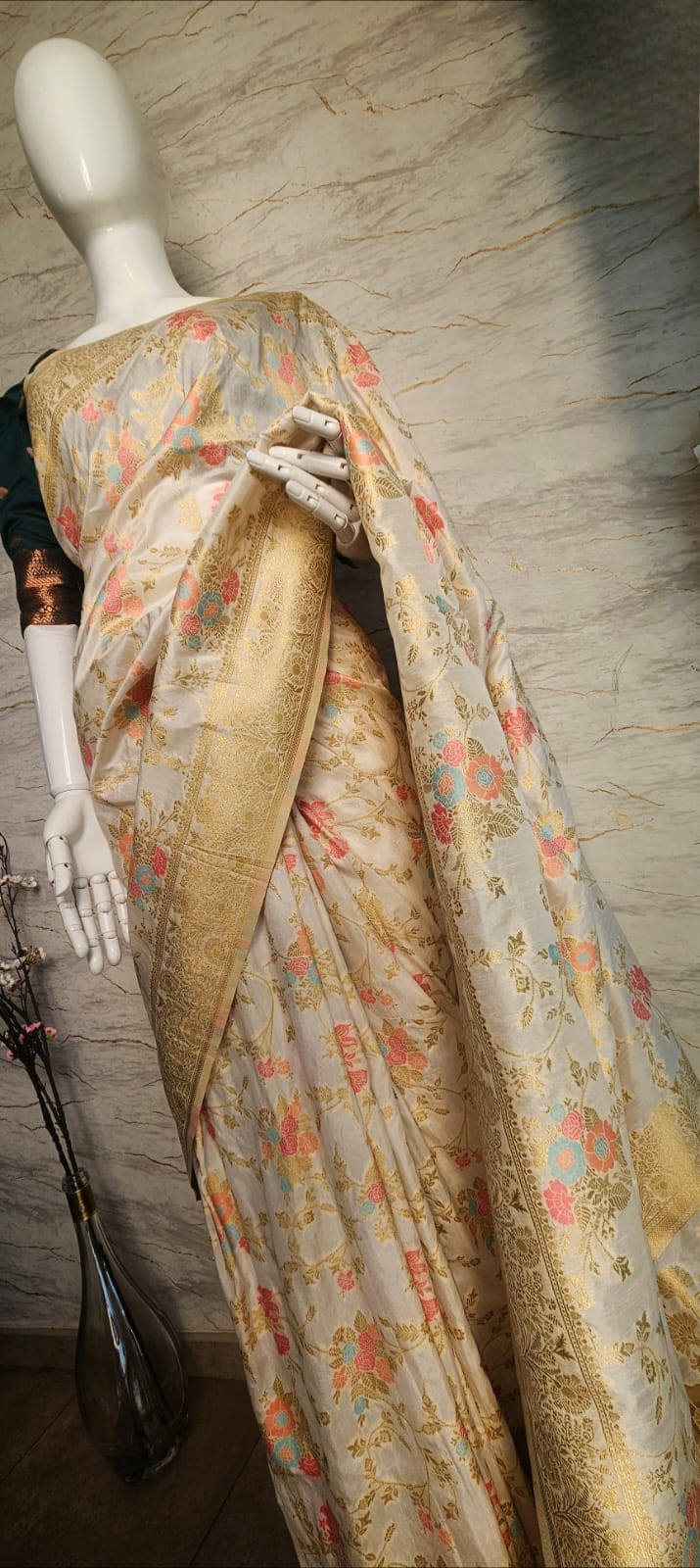 Pure cotton dyeable fabric with multicolor thread work all over.