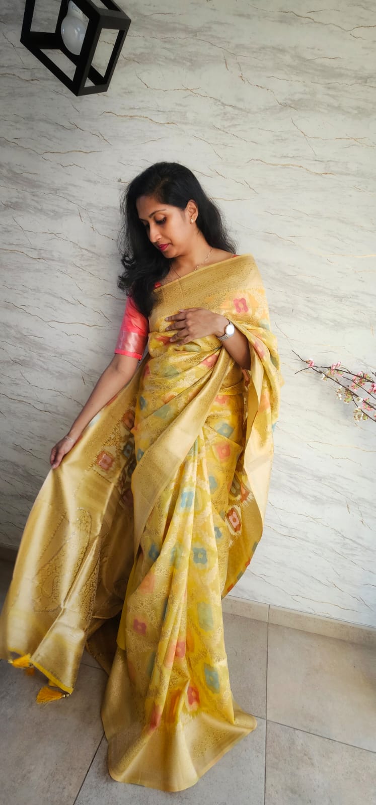 Viscose organza silk saree with multicolor thread wirk and zari work allover.