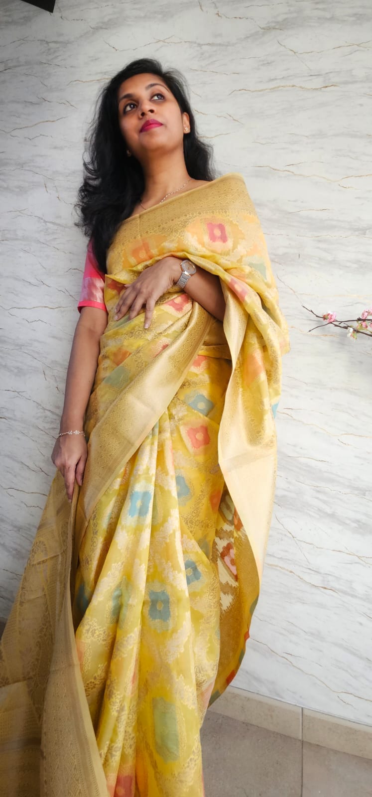 Viscose organza silk saree with multicolor thread wirk and zari work allover.