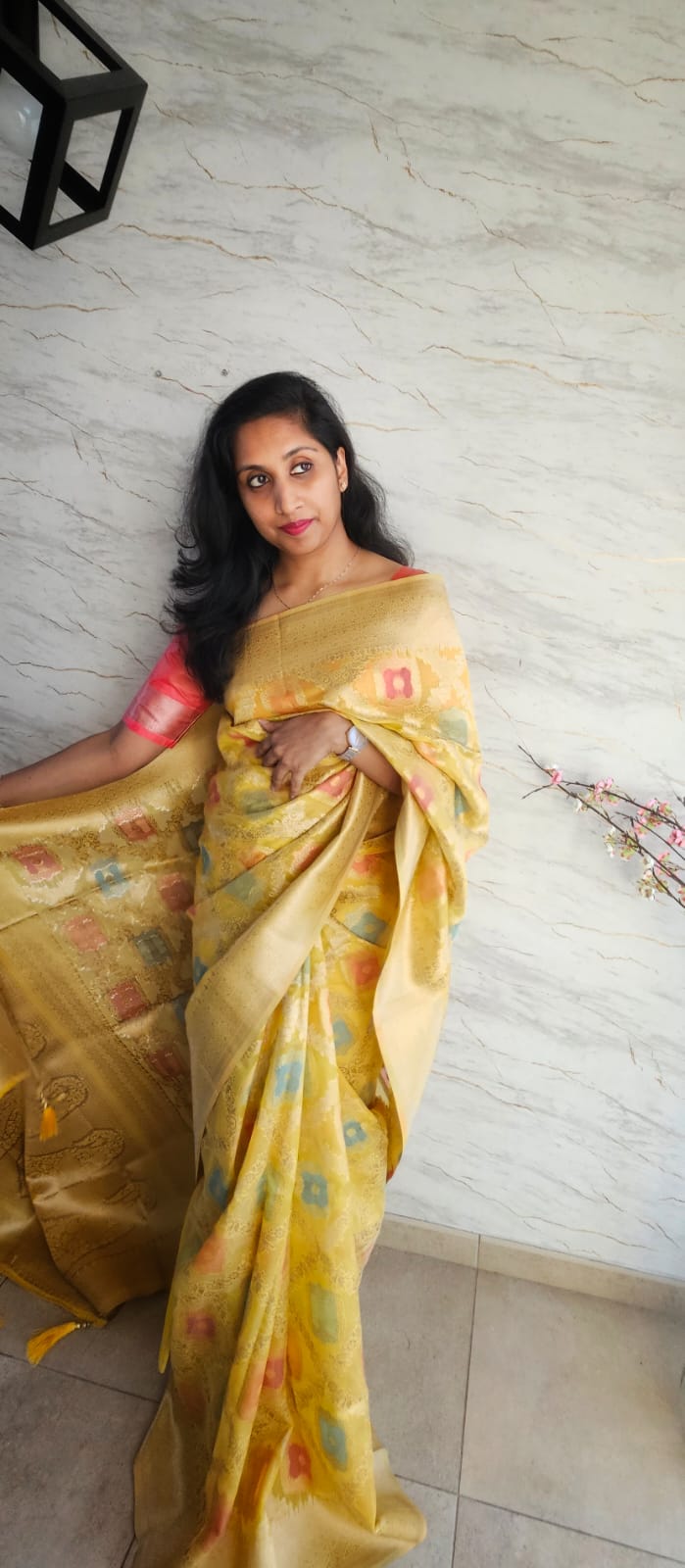 Viscose organza silk saree with multicolor thread wirk and zari work allover.