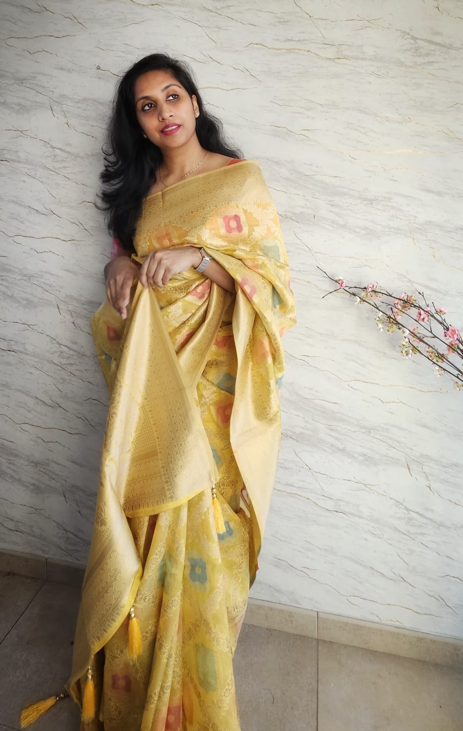Viscose organza silk saree with multicolor thread wirk and zari work allover.