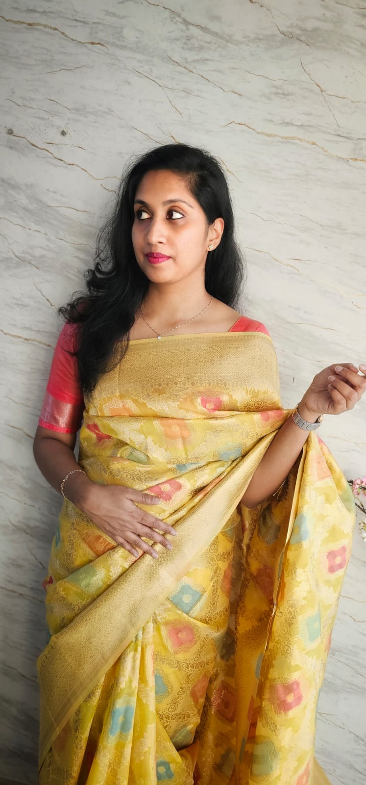 Viscose organza silk saree with multicolor thread wirk and zari work allover.