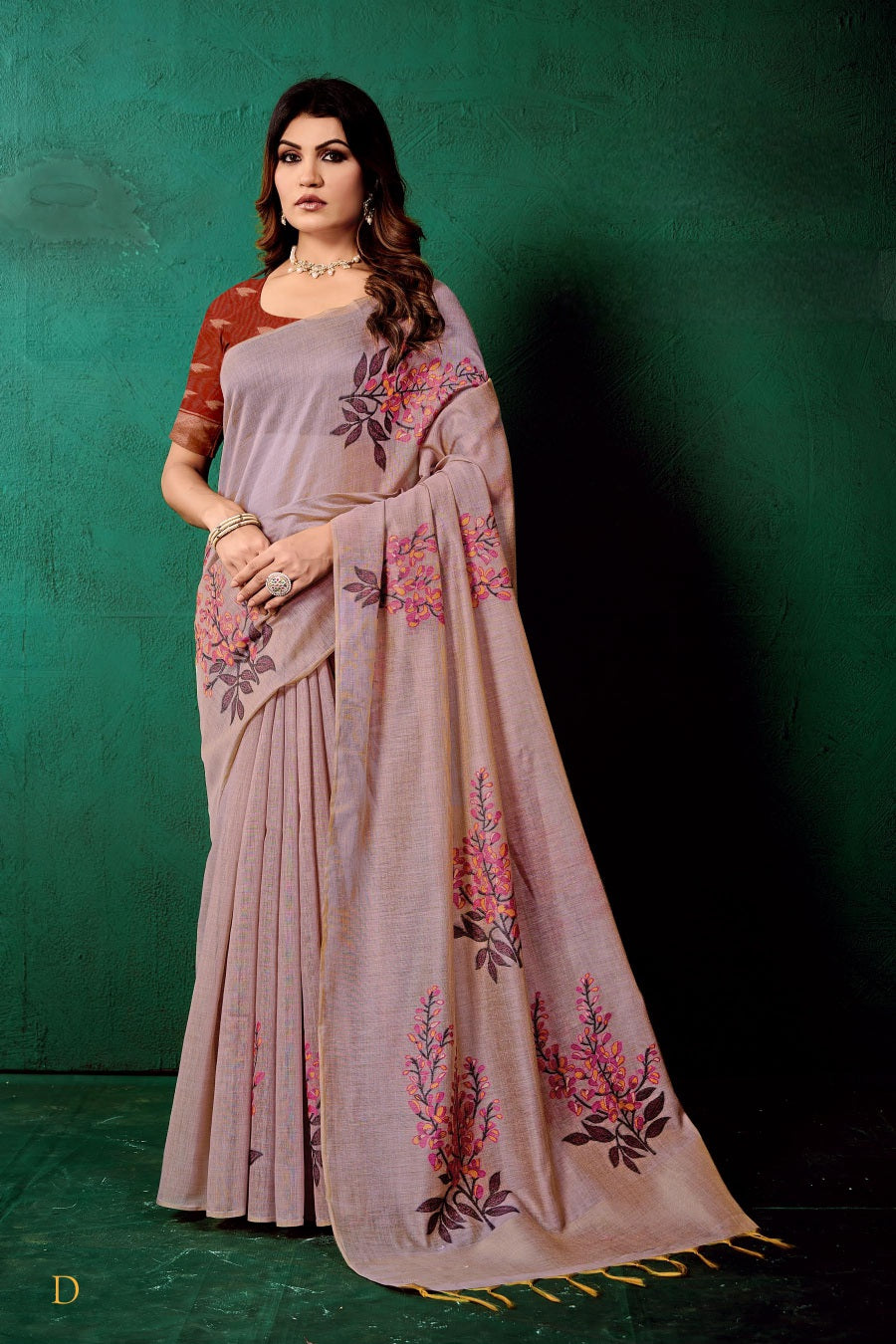 Organic tussar silk saree in a mute greyish purple shade with floral weaving in contrasting colors