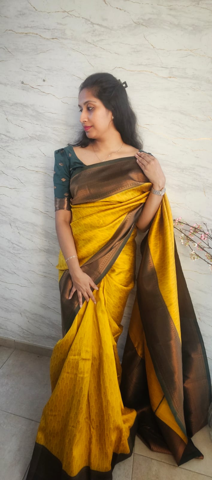 Bangalori silk saree in mustard yellow color with contrasting borders