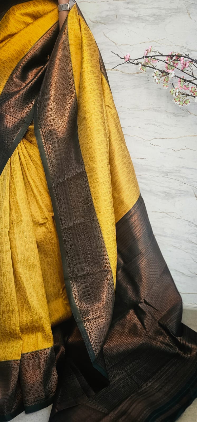 Bangalori silk saree in mustard yellow color with contrasting borders