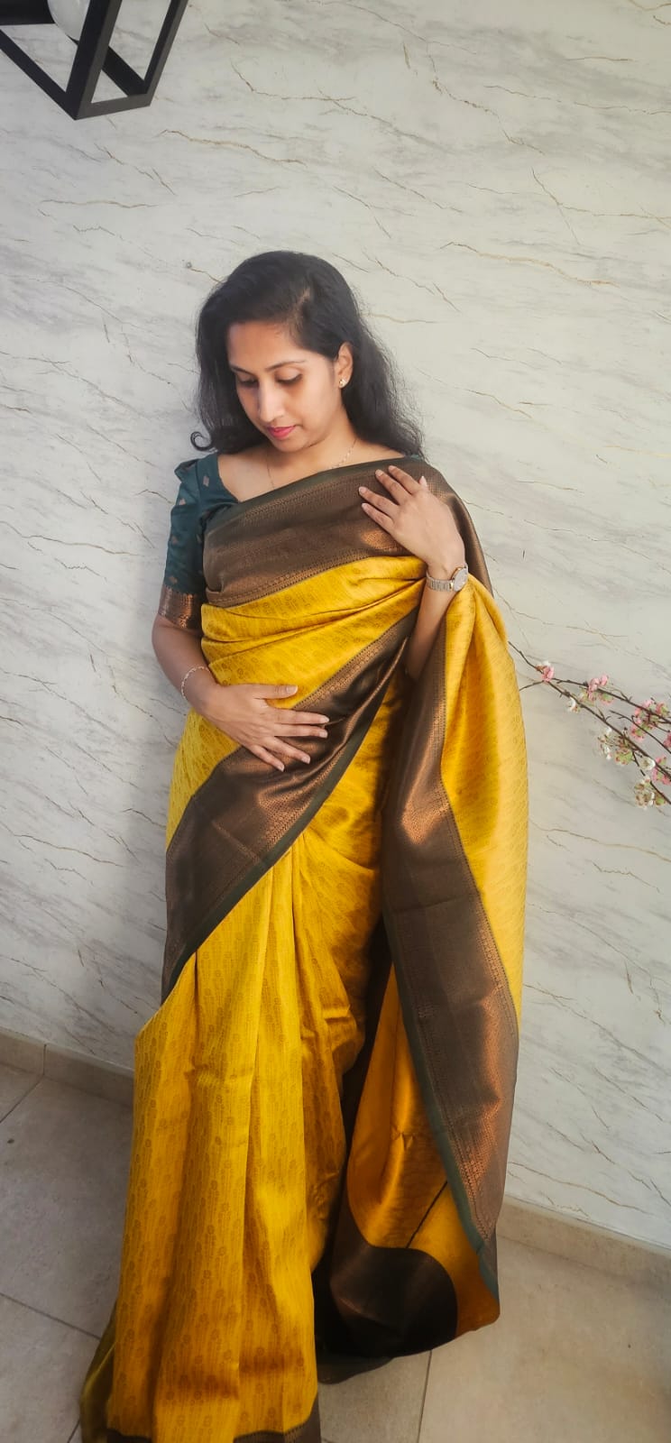 Bangalori silk saree in mustard yellow color with contrasting borders
