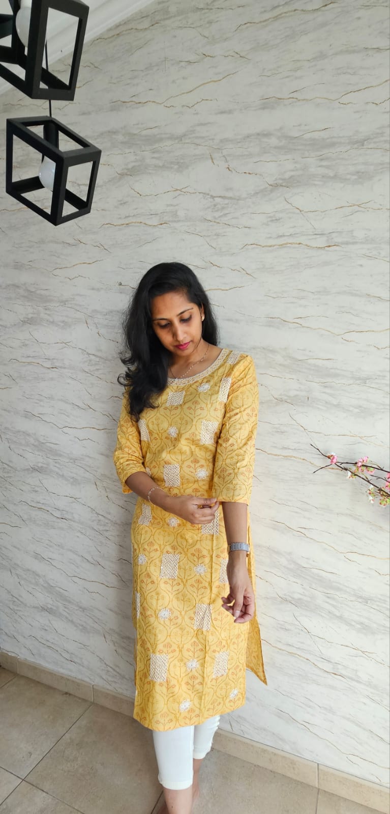 Cotton kurti in mustard gold shade foliage pattern allover.