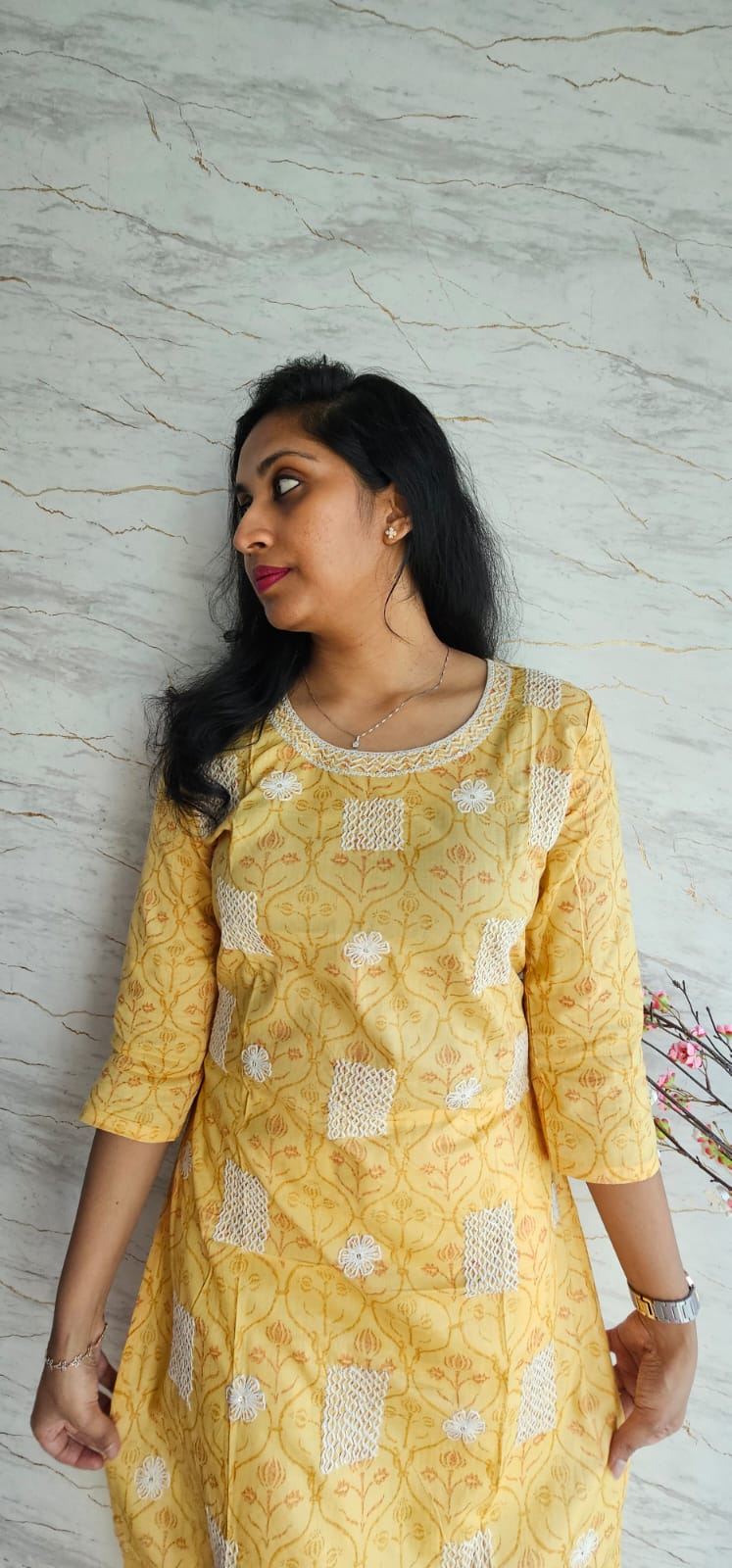 Cotton kurti in mustard gold shade foliage pattern allover.