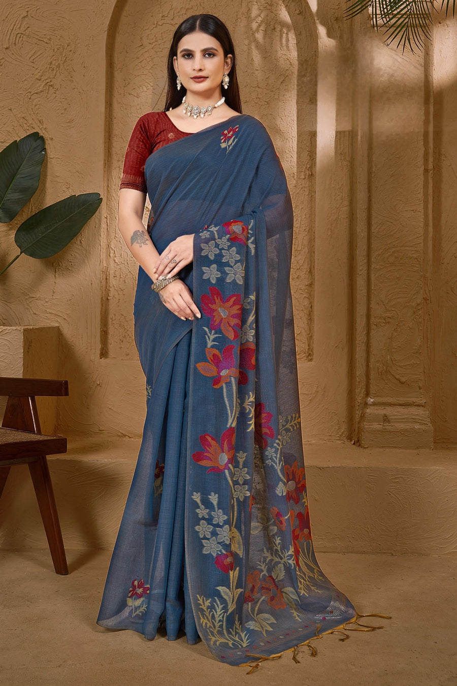 Organic tussar silk saree in rich blue base color with intricate floral embroider