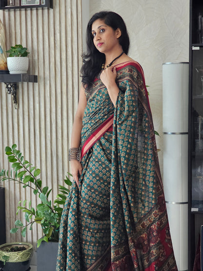 Semi Resham Silk Sarees In Ajrakh Inspired Pattern In Deep Blue