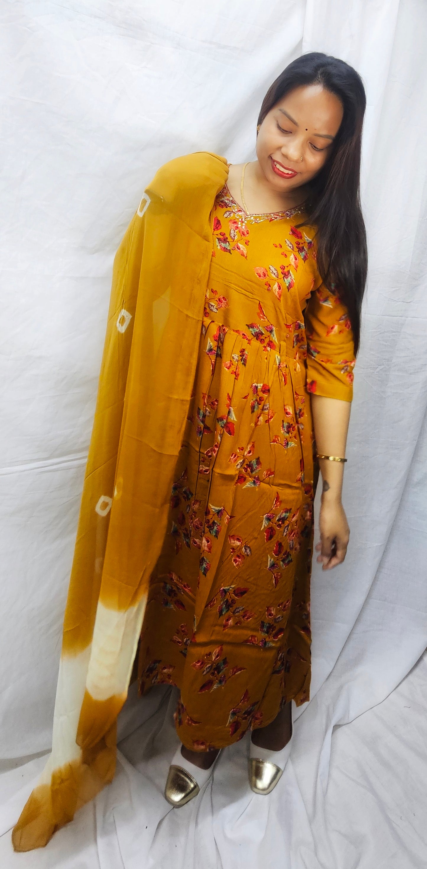 3 pc salwaar suit set in cotton rayon fabric in mustard yellow color.