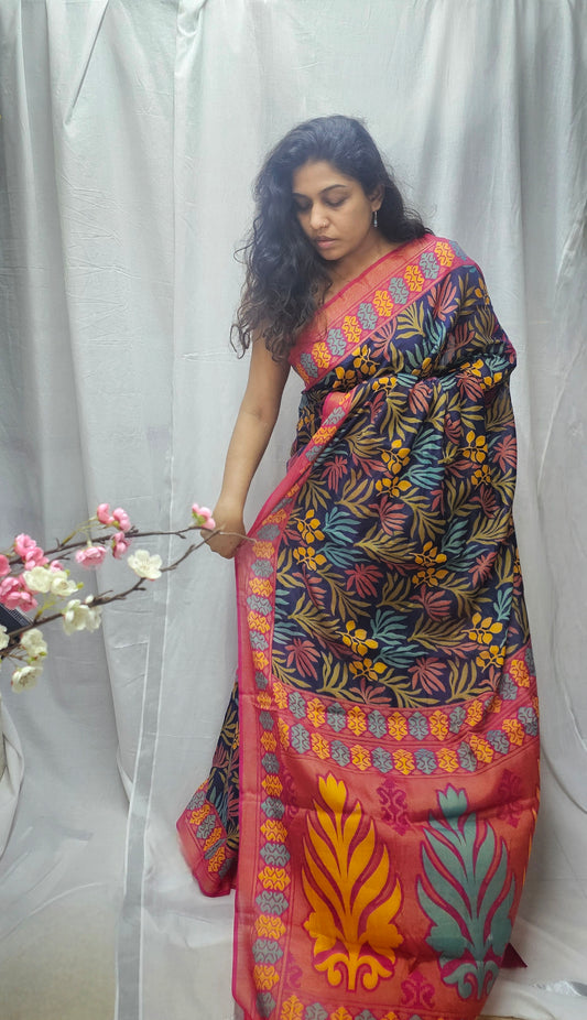 Beautiful Braaso Silk Saree In Vibrant Floral And Foliage Pattern.