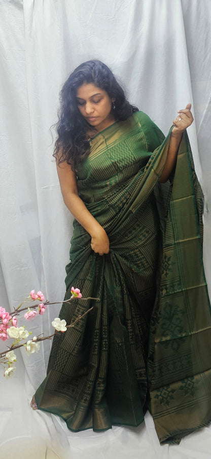 Beautiful Braaso Silk Saree In Bottlegreen Shade