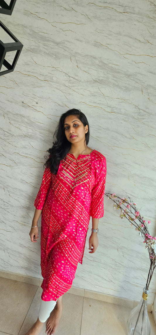 Cotton rayon fabric kurti with mirror work and zari embroidery
