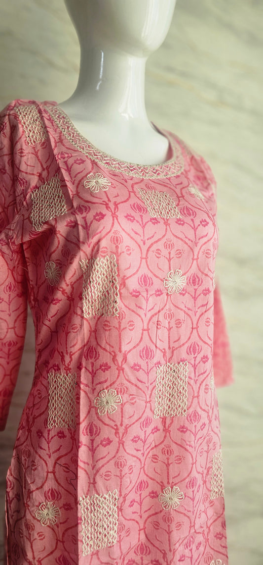 Elegant Cotton fabric kurti with printed motifs and thread work allover