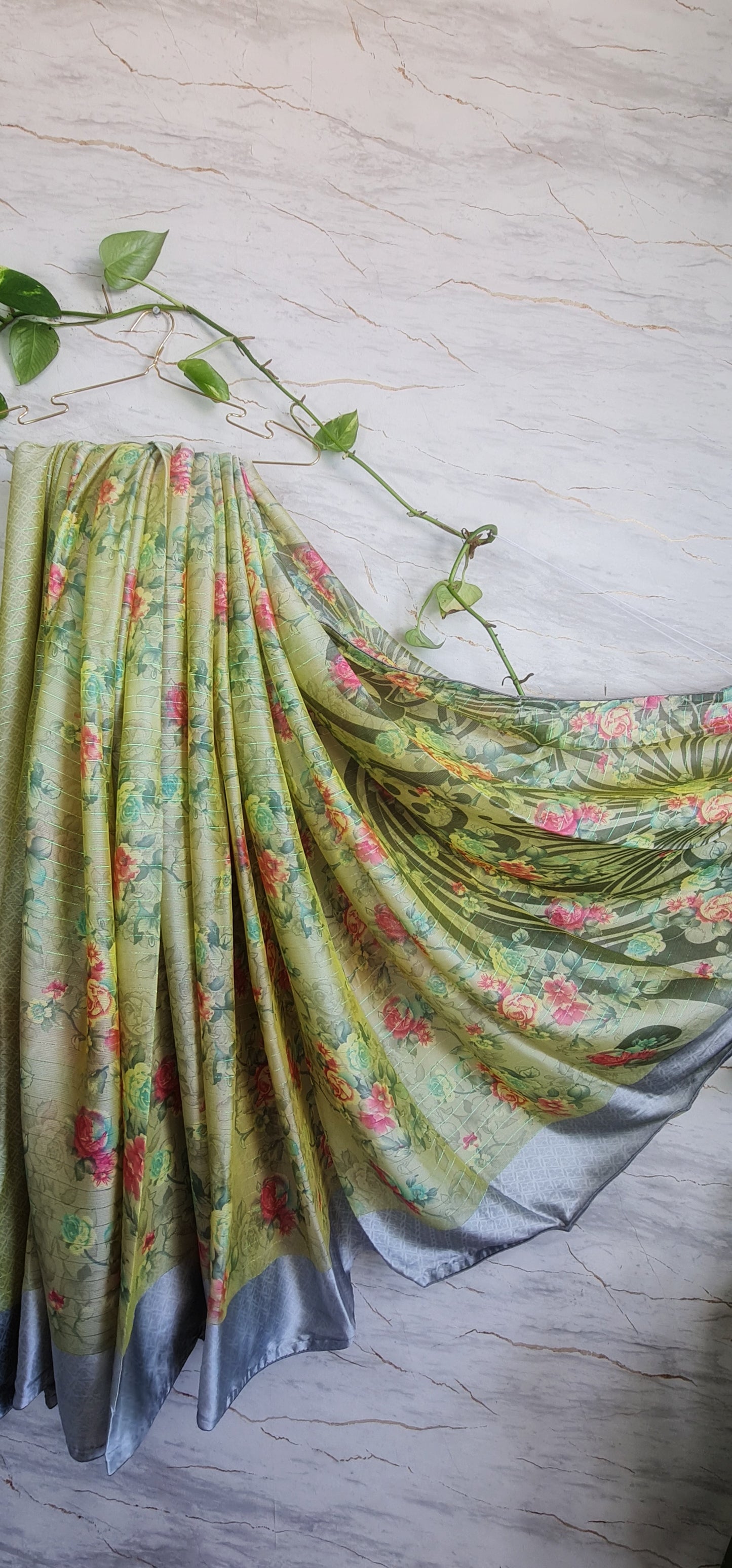 Satin Chiffon Sarees With Floral Digital Prints.