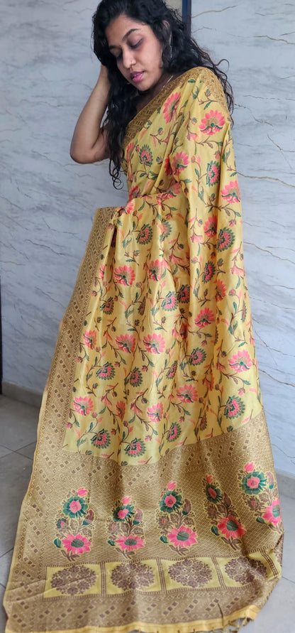 Cotton silk saree with kashmiri thread work .